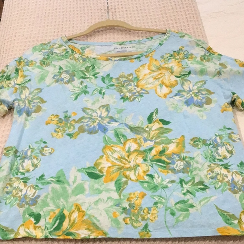Talbots Blue and Yellow Floral Short Sleeve Top Size L